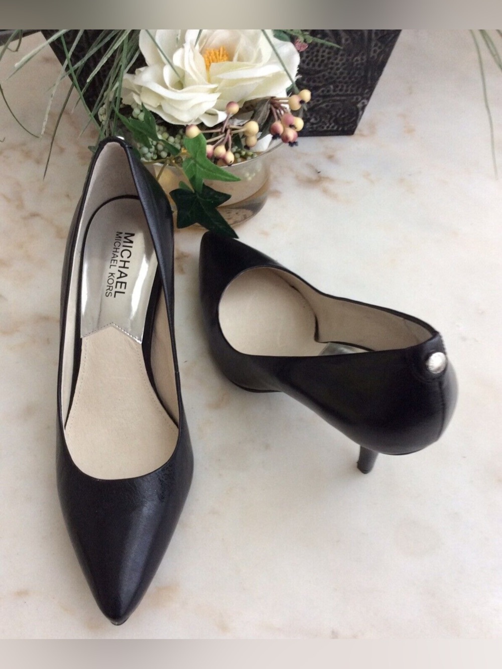 Michael Kors Black Pointed-Toe Leather Pumps with Silver Insole, Size 9